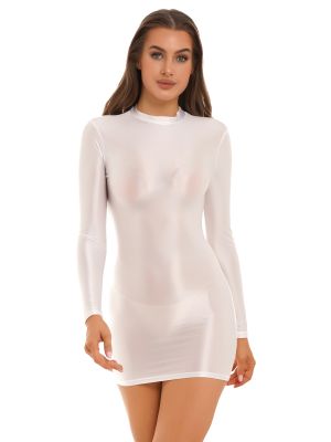 Women Long Sleeve Bodycon Tight Pencil Dress Oil Glossy Mini Chemise Teddy