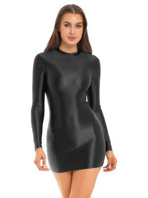 Women Long Sleeve Bodycon Tight Pencil Dress Oil Glossy Mini Chemise Teddy
