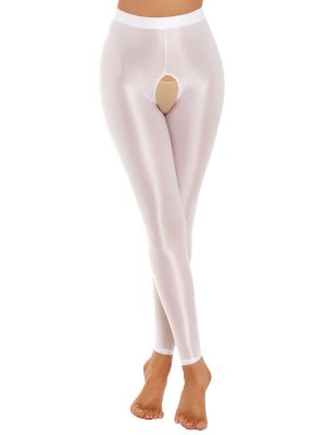 Women's 30D Oil Hollow Out Crotch High Waisted Opaque Nylon Tights Leggings