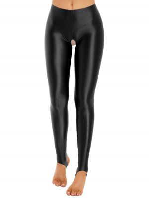 Women's Glossy Crotchless Foot Stirrup Leggings Pants