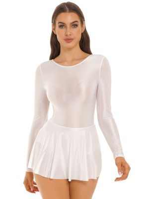 Women's Glossy Long Sleeve Scoop Neck Pleated A-line Dress