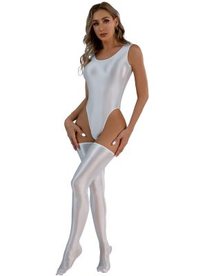 Women 3pcs Glossy Sleeveless High Cut Bodysuit with Stockings Set