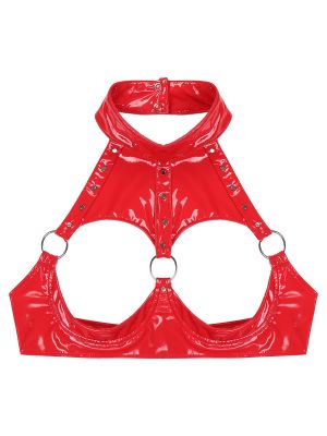Women Sexy Hollow Out Cupless Wetlook Leather Bra