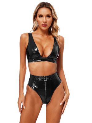 Womens Wet Look Patent Leather Bras and Briefs Lingerie Set