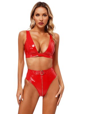 Womens Wet Look Patent Leather Bras and Briefs Lingerie Set