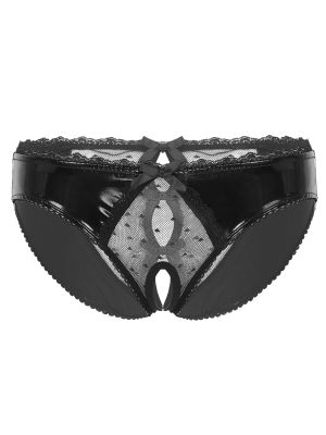 Mens Lace Latex Patchwork Open Crotch Sissy Briefs