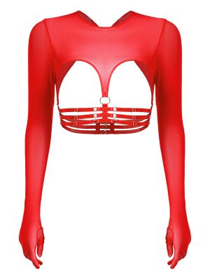 Women's Semi Sheer Mesh Long Sleeve with Gloves Nylon Tights Crop Top Blouses