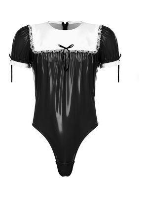 Men Patent Leather Sissy Maid Cosplay Bodysuit