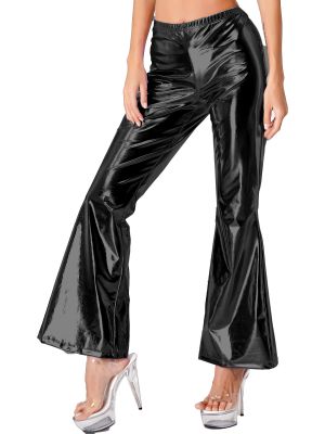 Women Shiny Bell Bottom Flared Trousers 70s Disco Club Pants
