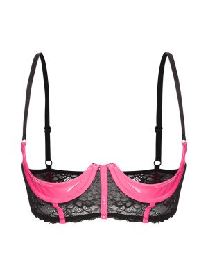 Women Patent Leather Quarter Cup Exposed Breasts Underwired Bra
