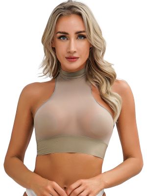 Womens Mock Neck Sleeveless Sheer See Through Crop Top 
