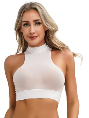 Womens Mock Neck Sleeveless Sheer See Through Crop Top 