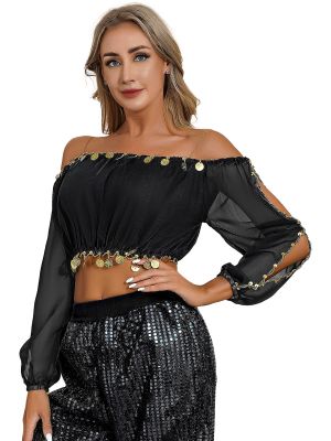 Women Off-the-Shoulder Long Puff Sleeve Belly Dance Crop Top