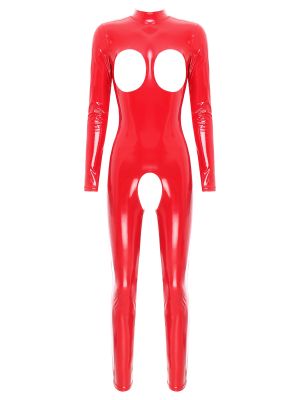 Womens Cupless Crotchless Wetlook Jumpsuit Catsuit