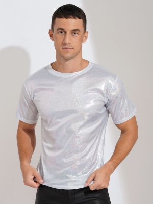 Men Glitter Metallic Shiny Short Sleeve T-shirt