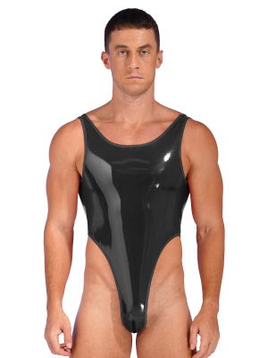 Men's Crotchless Patent Leather Wetlook Bodysuit