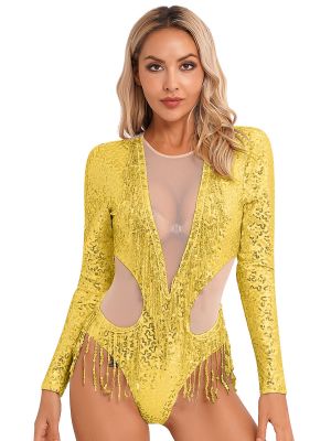 Womens Nude Mesh Patchwork Sequin Fringe Leotard