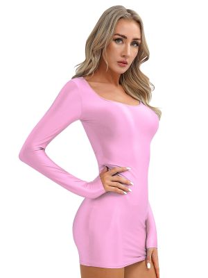 Womens Glossy Long Sleeve Bodycon Dress