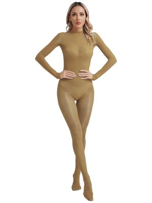 Womens Glossy Buttocks Opening Full Cover Jumpsuit