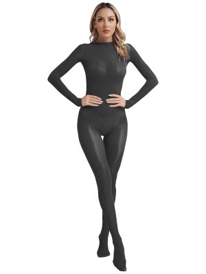 Womens Glossy Buttocks Opening Full Cover Jumpsuit