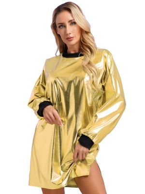 Women's Plus Size Metallic Long Sleeve Round Neck T Shirt Dress