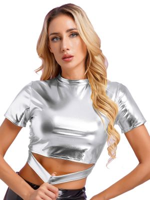 Women's Short Sleeve Sparkle Mock Neck Crop Top Club Blouse