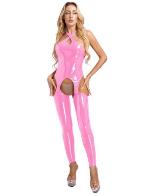 Womens Wet Look Sleeveless Zipper Cutout Jumpsuit