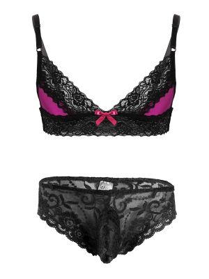 Mens Sissy 2pcs Floral Lace Bra Top and Briefs Lingerie Set 