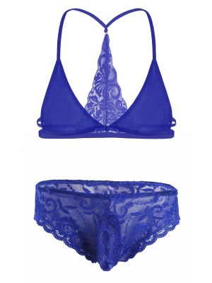 Mens Lace Y-shape Back Bra with Briefs Sissy Lingerie Set