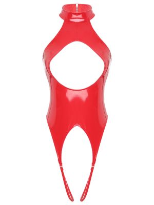 Womens Sleeveless Patent Leather Cut Out Crotchless Catsuit