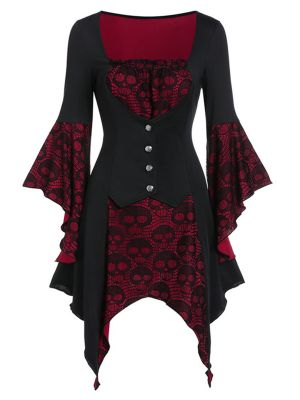 Womens Vintage Witch Costume Flared Sleeve Skull Print Lace Mini Dress