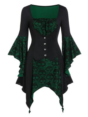 Womens Vintage Witch Costume Flared Sleeve Skull Print Lace Mini Dress