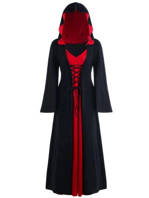 Women Renaissance Medieval Lace-up Front Hooded Dress Witch Costume