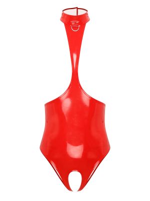 Womens Wet Look Open Chest Halter Neck Bodysuit