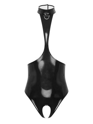 Womens Wet Look Open Chest Halter Neck Bodysuit