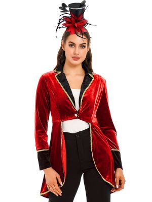 Womens Magician Outfit Velvet Tailcoat with Feather Top Hat