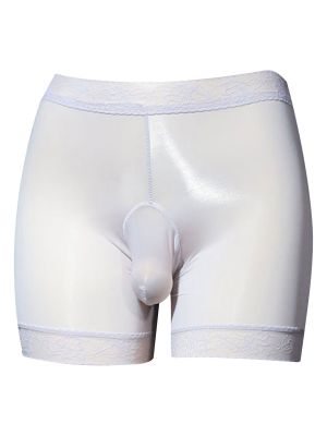 Mens Sissy Glossy Sheer Lace Trim Boxer Briefs