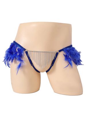 Mens Tassel Feather Thong Briefs with Metal Chain Front