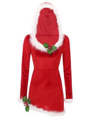 Womens Velvet Long Sleeve Christmas Mrs Claus Hooded Dress