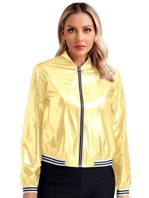 Womens Holographic Metallic Shiny Bomber Jacket 