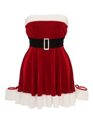 Womens Christmas Velvet Tube Dress with Belt and Cuffs