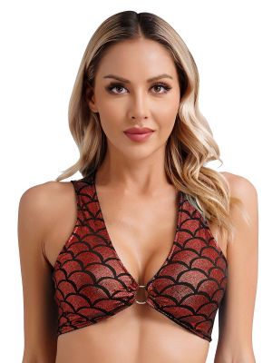 Women Sexy Deep V-neck Fishscale Print Metallic Crop Tank Top 