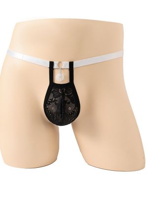 Mens Sissy Lace Bulge Pouch Thong with Round Pendant