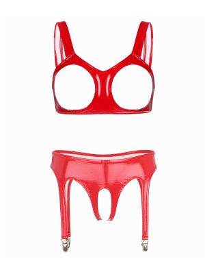 Womens Sexy Patent Leather Shiny Lingerie Set 