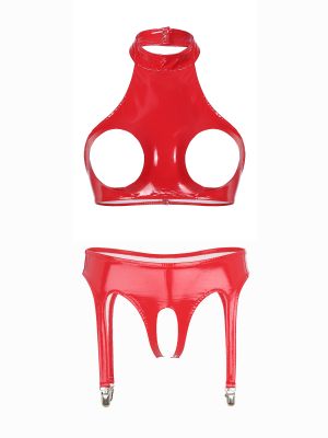 Womens Sexy Patent Leather Shiny Lingerie Set 