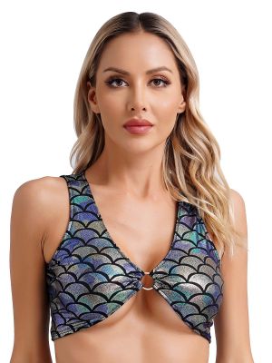Women Sexy Deep V-neck Fishscale Print Metallic Crop Tank Top 