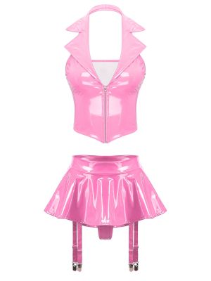 Womens Sexy Wetlook Crop Top with Miniskirt Garter Clips