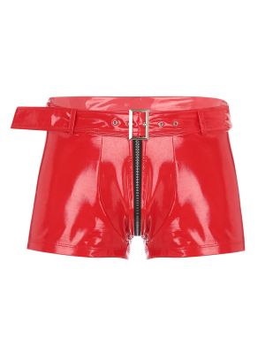 Mens Wet Look PU Leather Zipper Crotch Shorts with Waist Belt