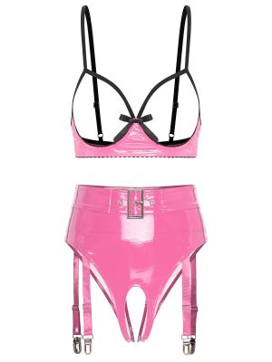 Womens Sexy Wet Look Cupless Unlined Bra Lingerie Set