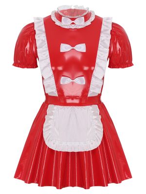 Mens Sissy Maid Dress Patent Leather A-Line Dress 